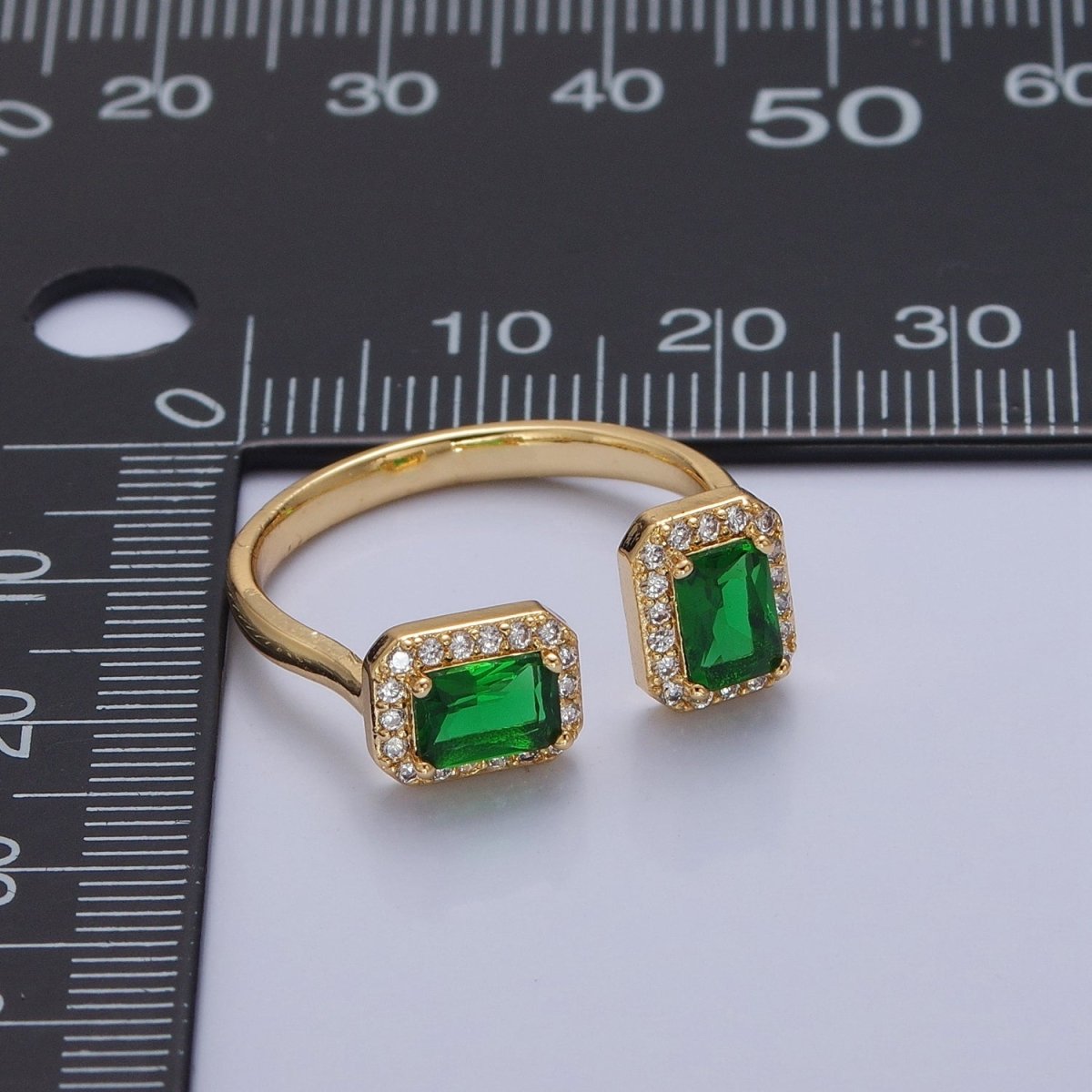 Statement Gold Emerald Cut Green CZ Ring Open Adjustable O-2183 - DLUXCA