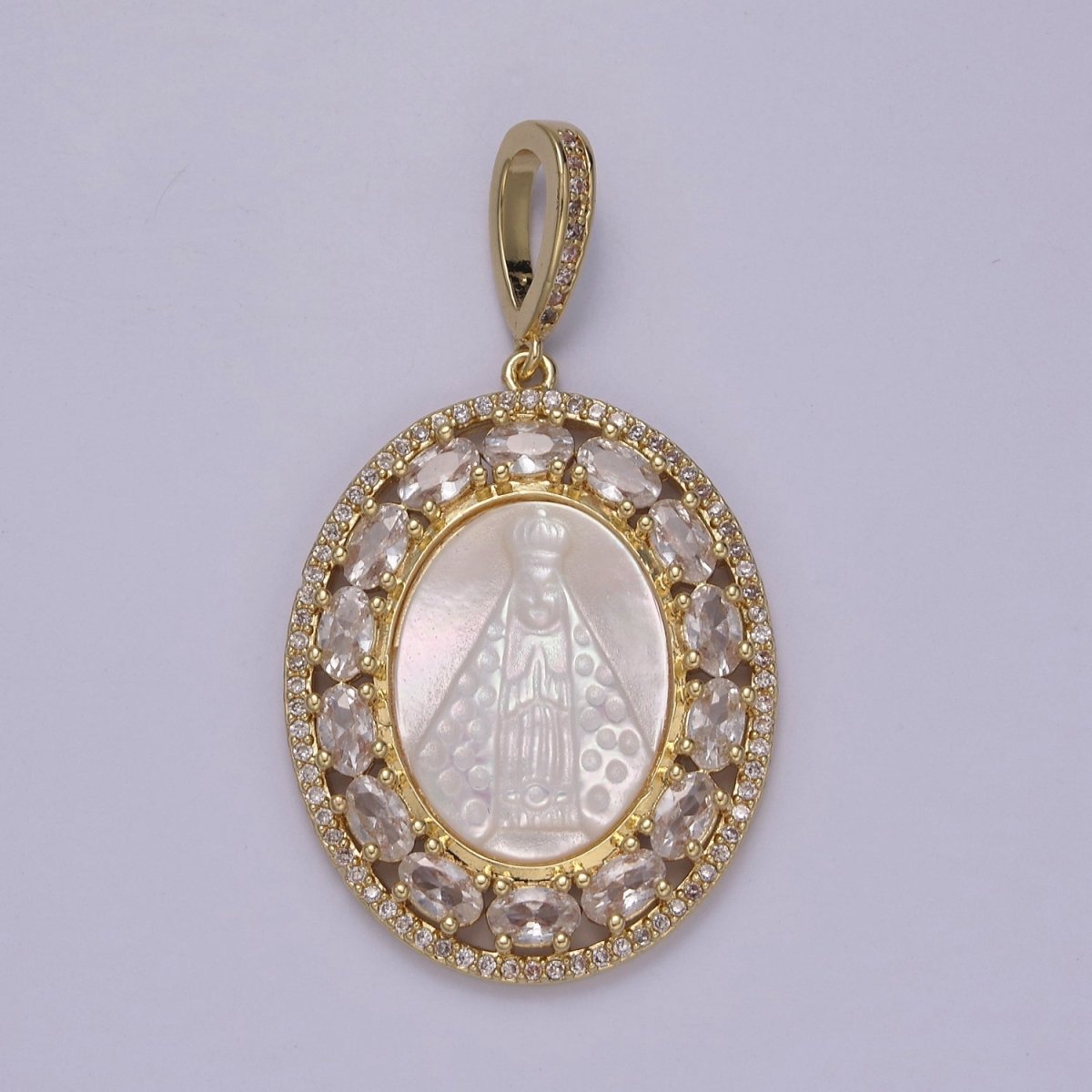 Statement Gold Filled Cubic Zirconia Bezeled Mother Of Pearl Virgin Mary Lady of Guadalupe Pendant Necklace for Religious Jewelry Making N-571 - DLUXCA