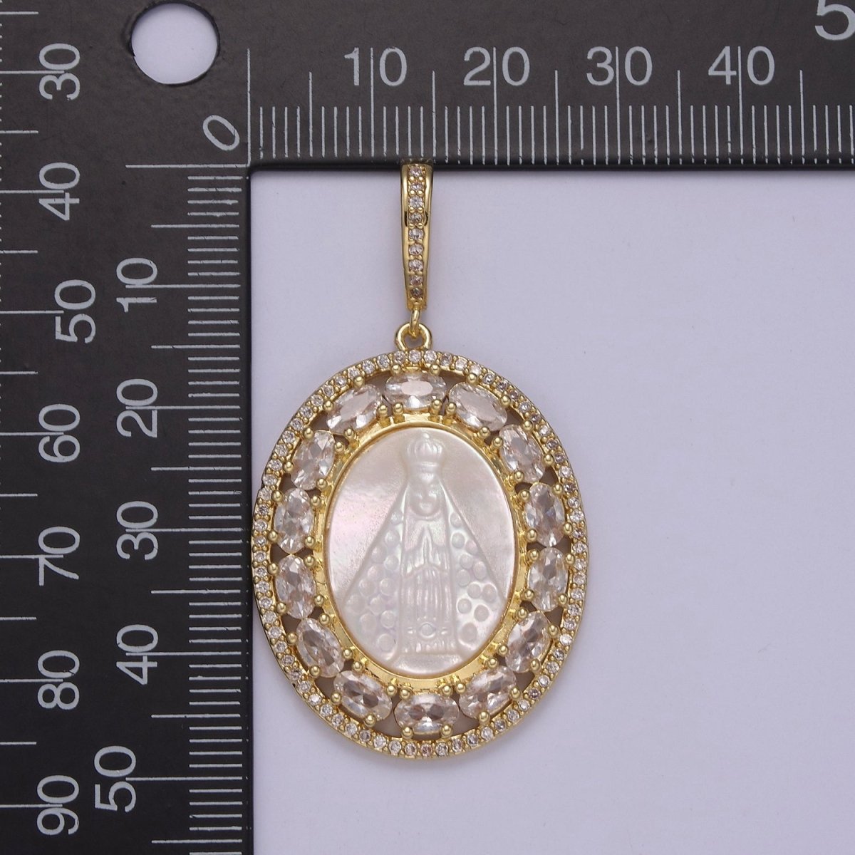 Statement Gold Filled Cubic Zirconia Bezeled Mother Of Pearl Virgin Mary Lady of Guadalupe Pendant Necklace for Religious Jewelry Making N-571 - DLUXCA