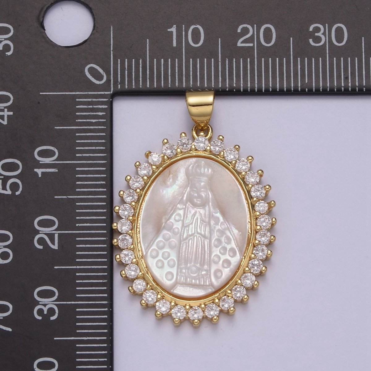 Statement Gold Filled Cubic Zirconia Bezeled Mother Of Pearl Virgin Mary Lady of Guadalupe Pendant Necklace for Religious Jewelry Making N-574 - DLUXCA