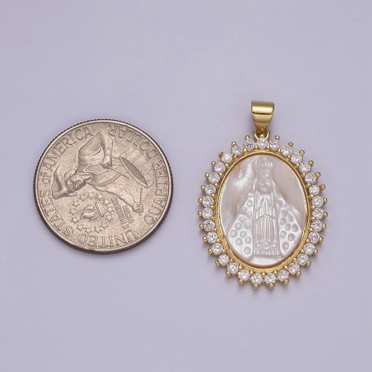 Statement Gold Filled Cubic Zirconia Bezeled Mother Of Pearl Virgin Mary Lady of Guadalupe Pendant Necklace for Religious Jewelry Making N-574 - DLUXCA
