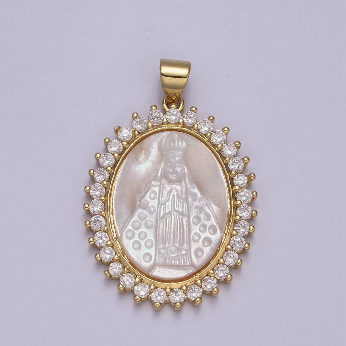 Statement Gold Filled Cubic Zirconia Bezeled Mother Of Pearl Virgin Mary Lady of Guadalupe Pendant Necklace for Religious Jewelry Making N-574 - DLUXCA