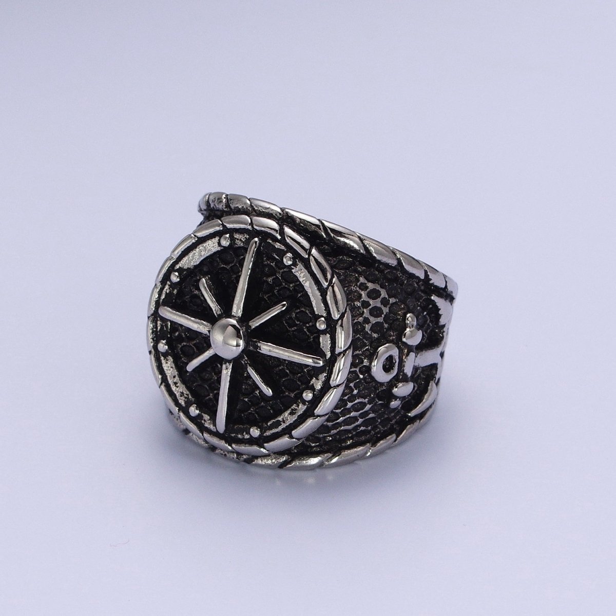 Statement Stainless Steel Ships' Steering Wheel Anchor Textured Ring in Silver & Gold | Y-434 ~ Y-437, Y-414 ~ Y-417 - DLUXCA