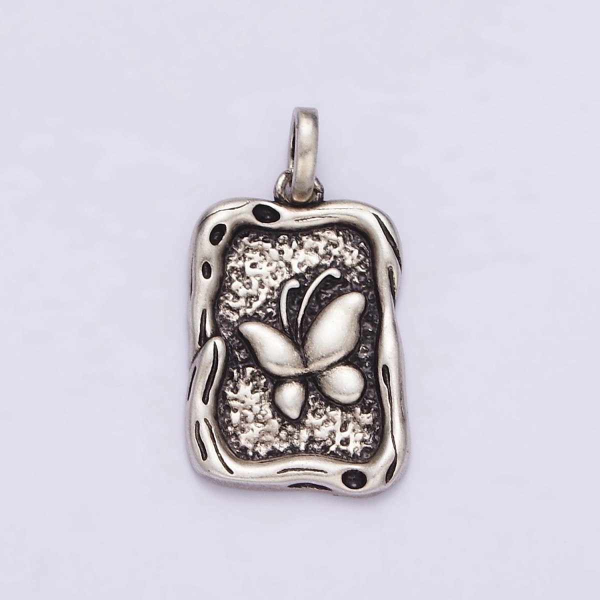 Sterling Silver S925 Butterfly Textured Hammered Rectangular Stamped Pendant | SL-330 - DLUXCA