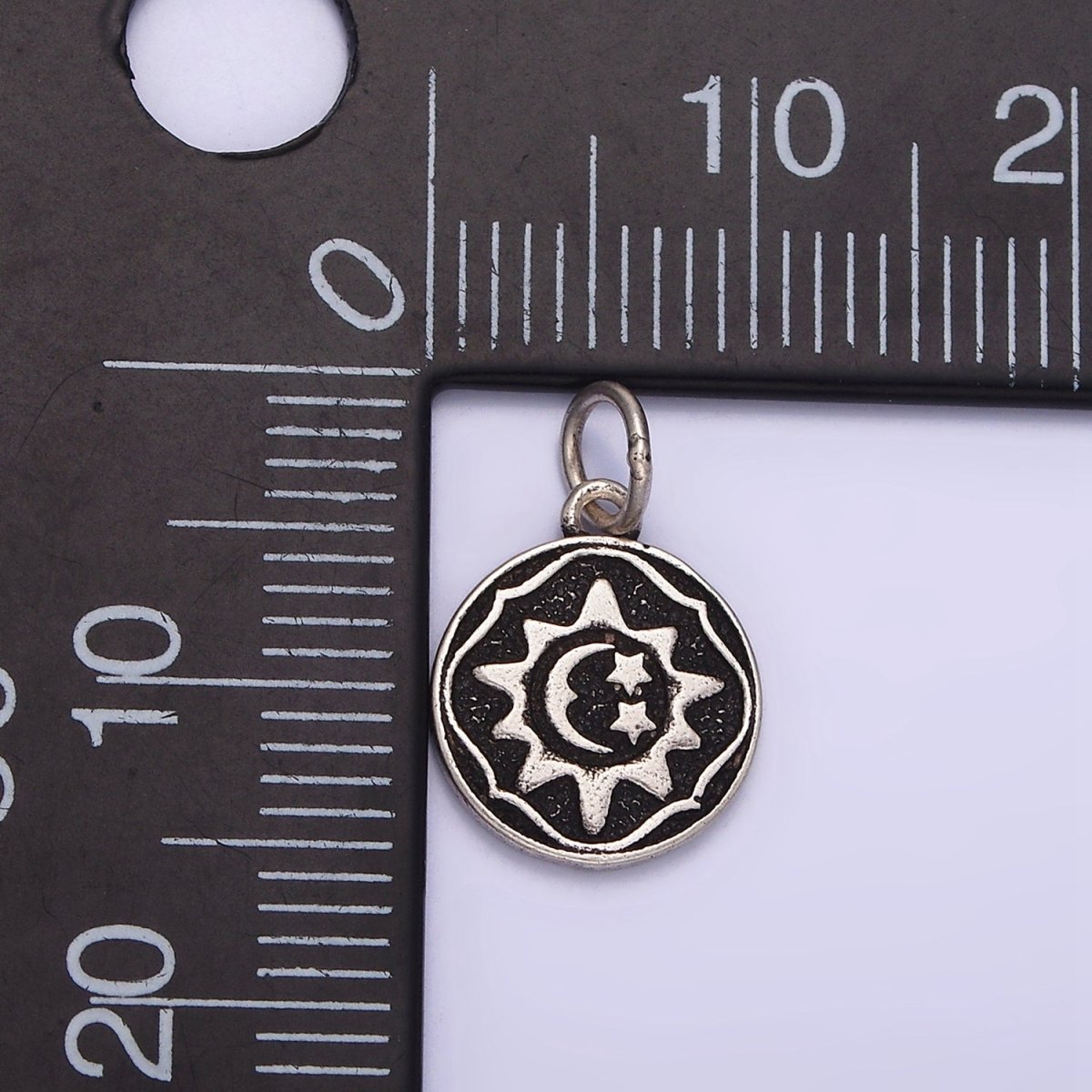 Sterling Silver S925 Celestial Sun Star Crescent Moon Round Coin Charm | SL-343 - DLUXCA