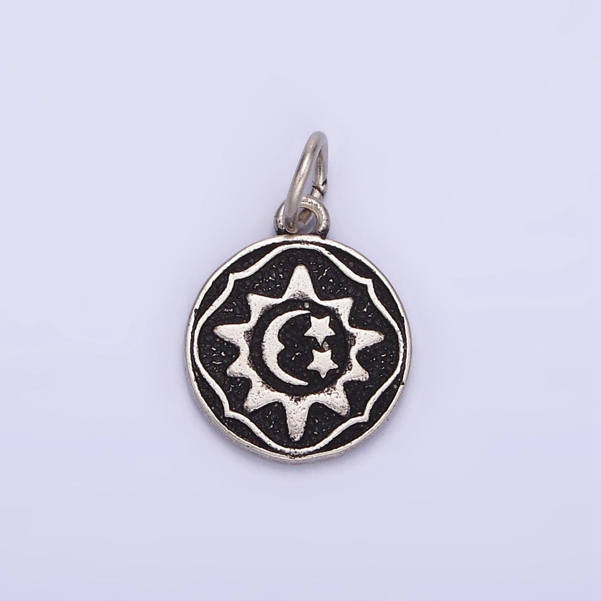 Sterling Silver S925 Celestial Sun Star Crescent Moon Round Coin Charm | SL-343 - DLUXCA