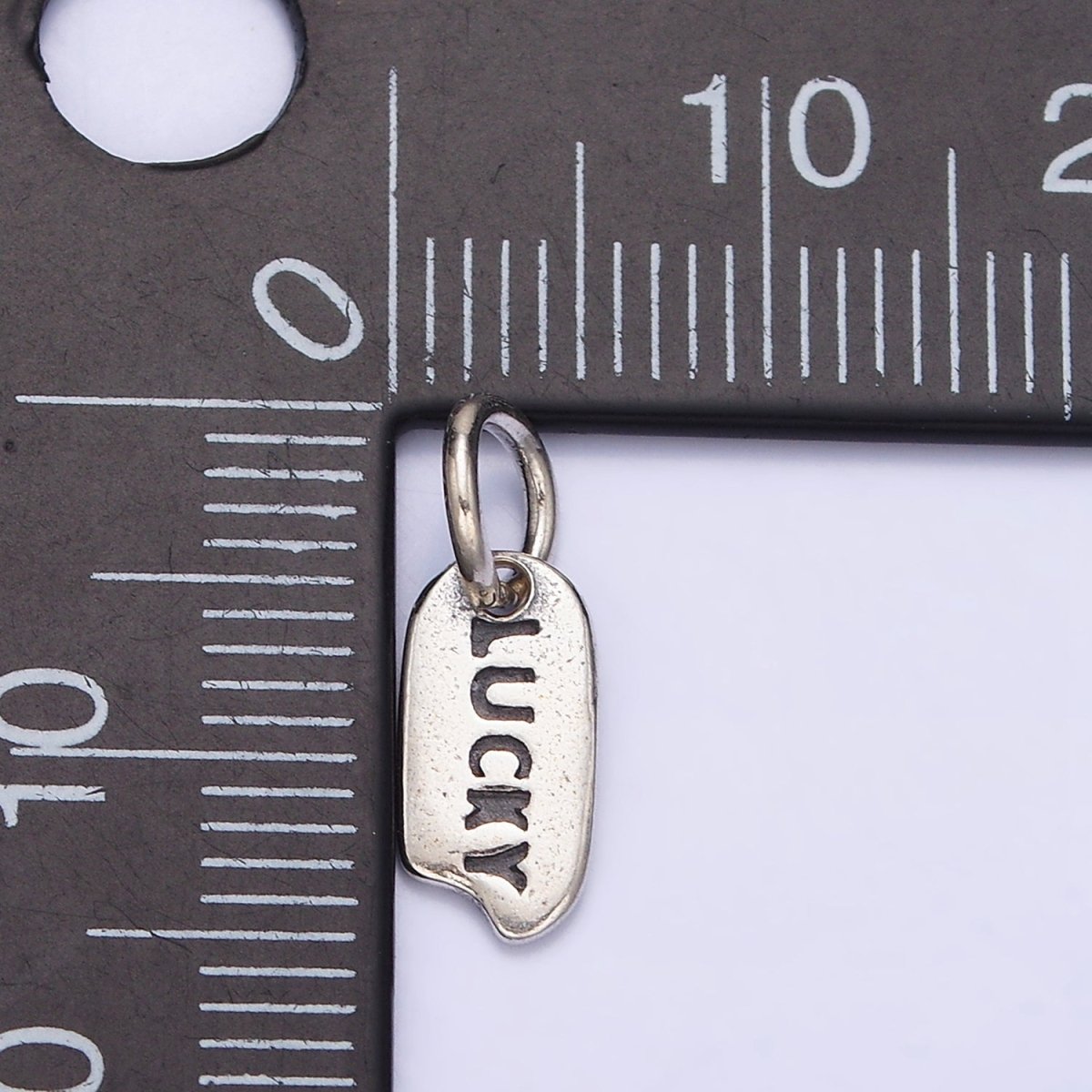 Sterling Silver S925 "LUCKY" Script Engraved Mini Snapped Abstract Tag Charm | SL-277 - DLUXCA