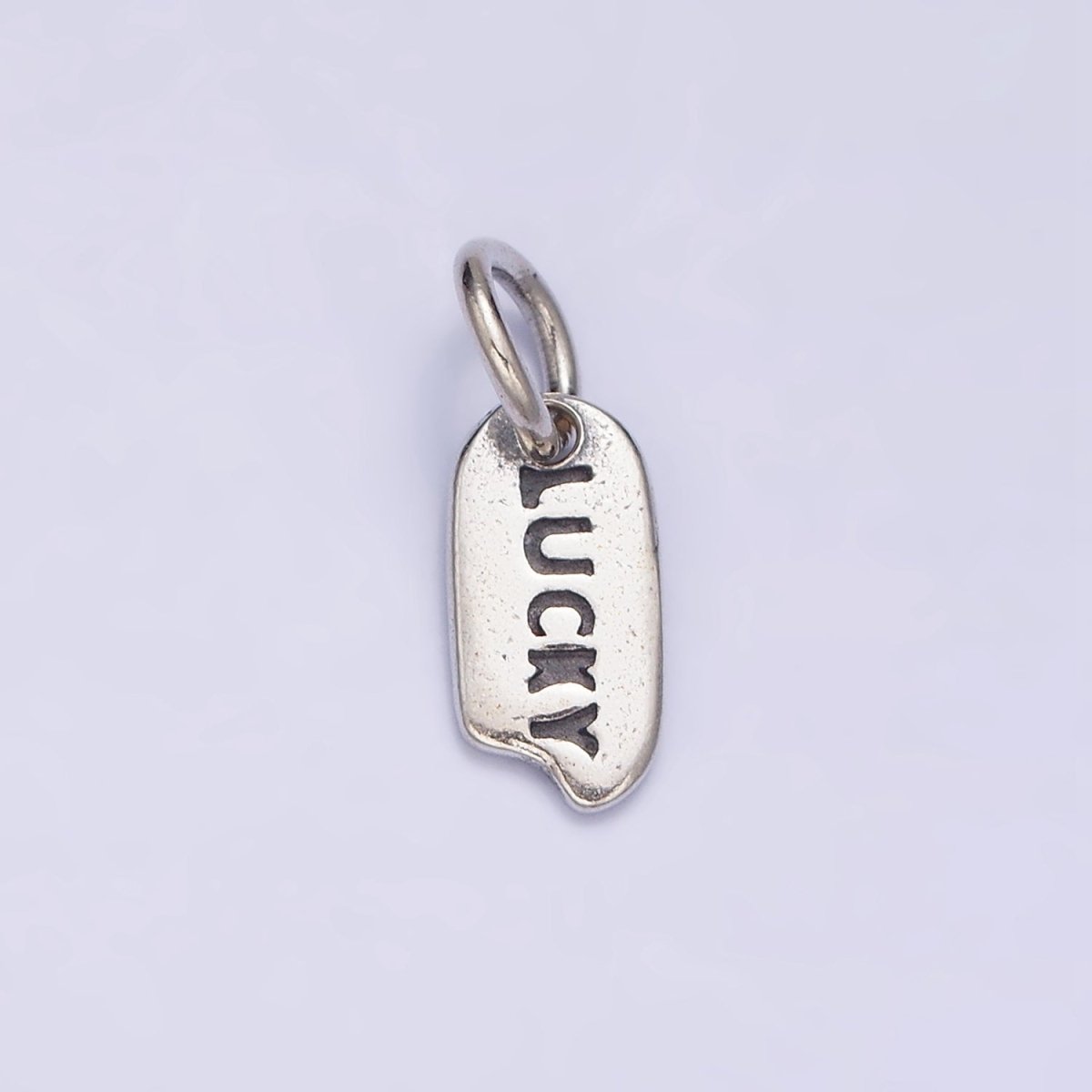 Sterling Silver S925 "LUCKY" Script Engraved Mini Snapped Abstract Tag Charm | SL-277 - DLUXCA