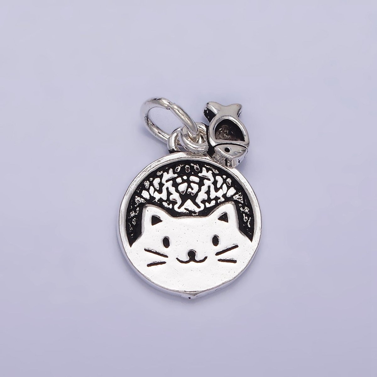 Sterling Silver S925 Pet Kitty Cat Round Textured Mini Fish Drop Double Charm | SL-268 - DLUXCA