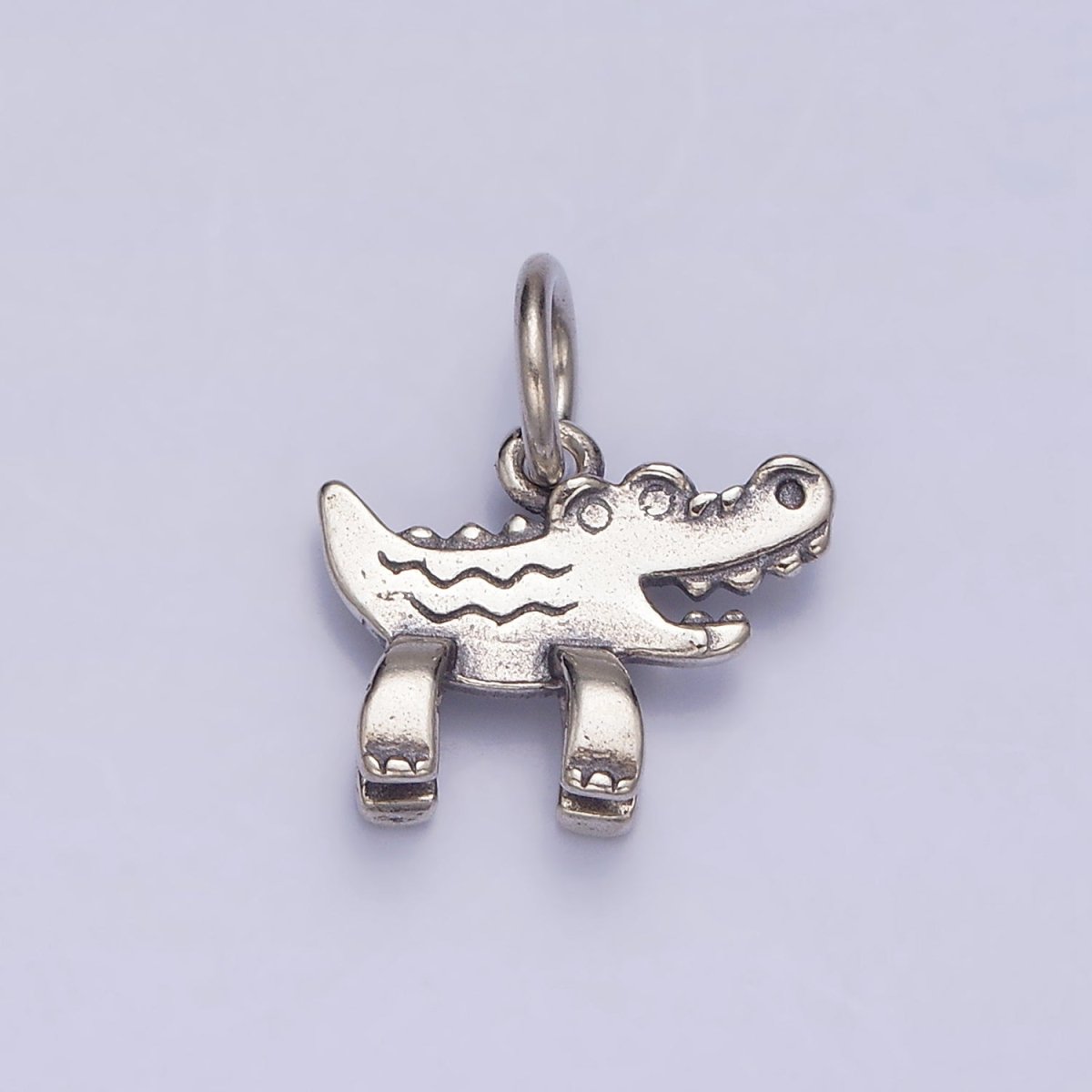 Sterling Silver S925 Smiling Alligator Crocodile Line Scaled Textured Animal Charm | SL-287 - DLUXCA