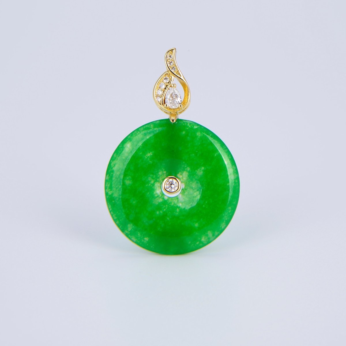 Stunning Chinese Green Donut Charm Green Jade Pendant Lucky Stone with Gold Eternity Swirl Bail for Necklace Supply O-225 - DLUXCA