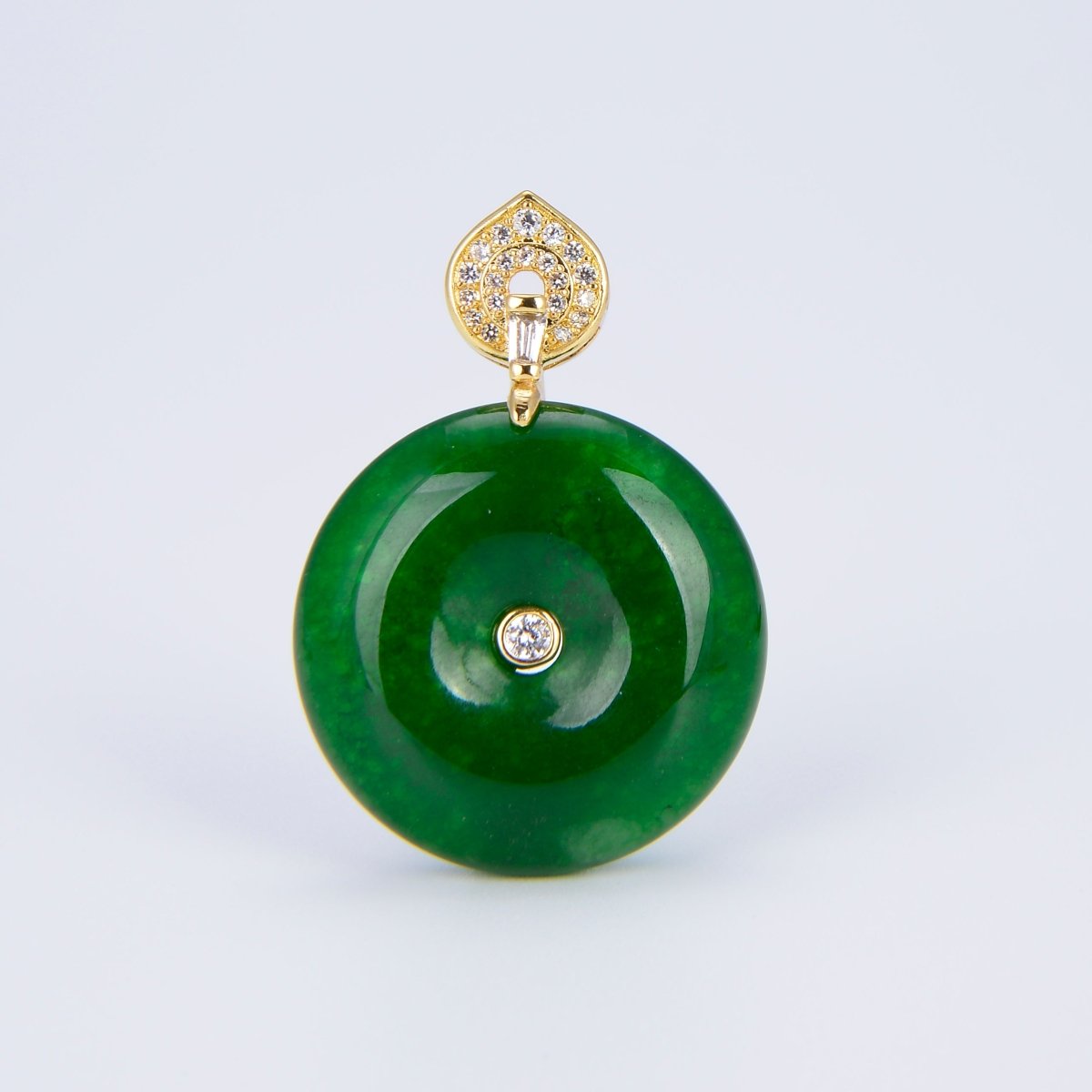 Stunning Chinese Green Donut Charm Green Jade Pendant Lucky Stone with Gold Lotus Bail for Necklace Supply O-224 - DLUXCA