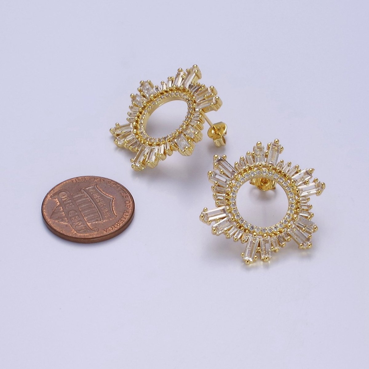 Sunburst Stud Earrings, Sun Ray Stud Earrings, CZ Sunburst Celestial Earring in Gold Filled / Silver V-134 V-135 - DLUXCA