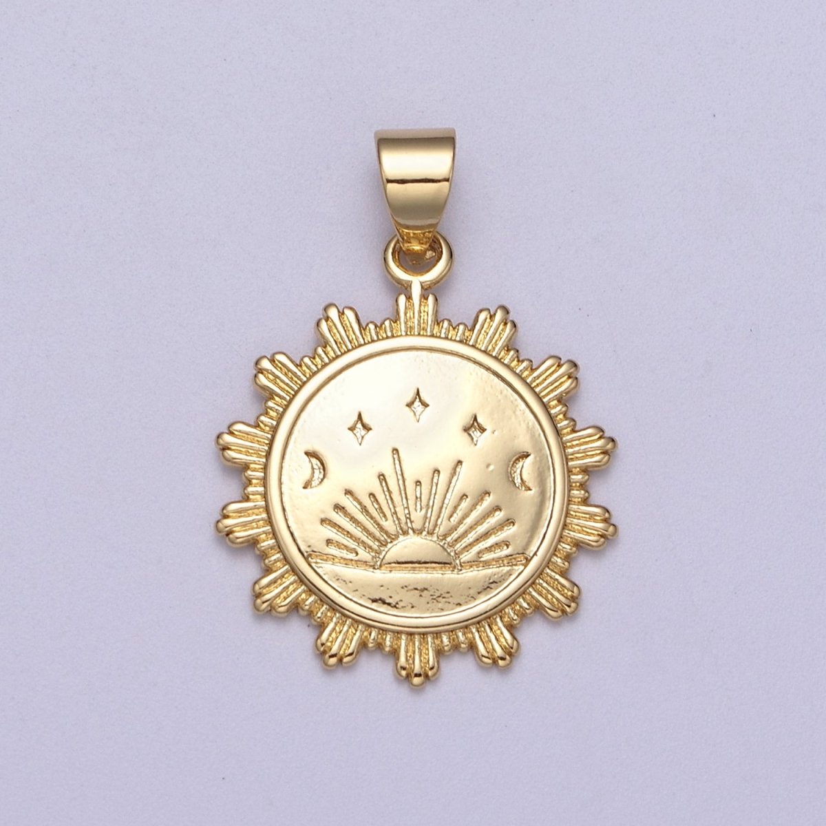 Sunrise pendant 24K Gold Filled Lead Nickel free, Unique Sun pendant, Coin charm, Round pendant, Jewelry making supplies H-394 - DLUXCA
