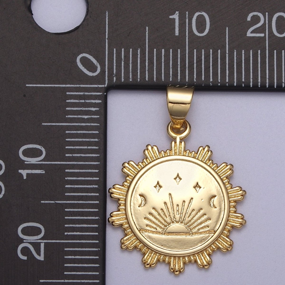 Sunrise pendant 24K Gold Filled Lead Nickel free, Unique Sun pendant, Coin charm, Round pendant, Jewelry making supplies H-394 - DLUXCA