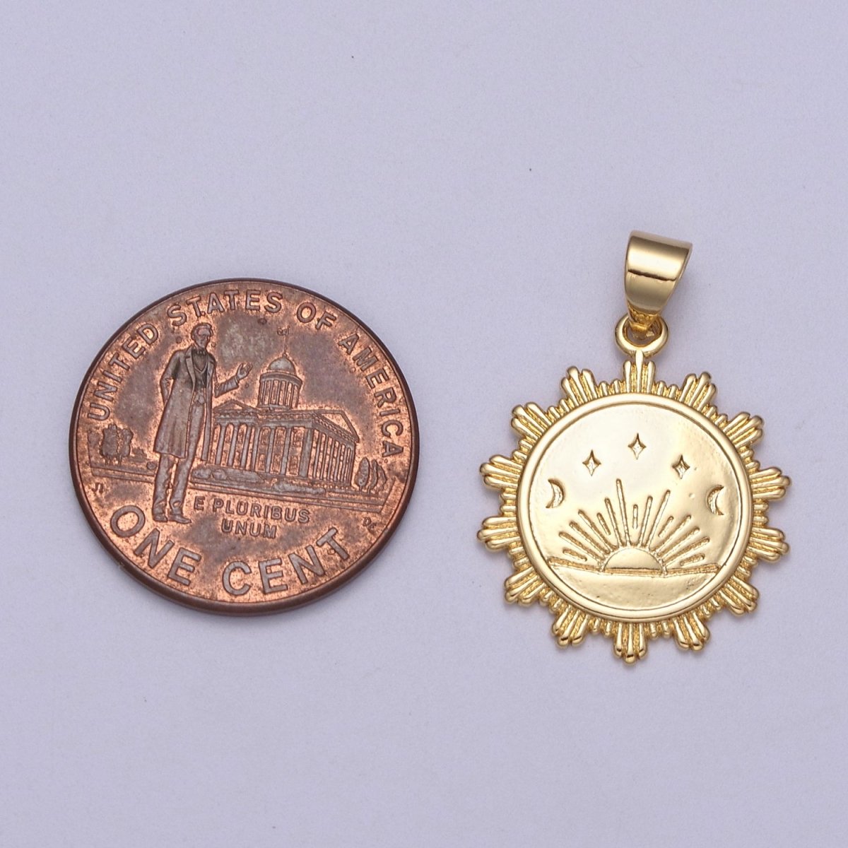 Sunrise pendant 24K Gold Filled Lead Nickel free, Unique Sun pendant, Coin charm, Round pendant, Jewelry making supplies H-394 - DLUXCA