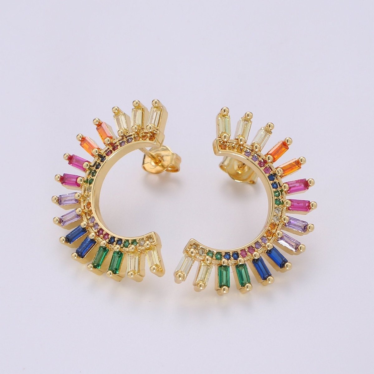 Super Cute Rainbow Studs • Moon Rainbow Earrings • Gold Multi Color Stone Earrings • Fan Studs • Kawaii Style Statement Earring Q-314 - DLUXCA