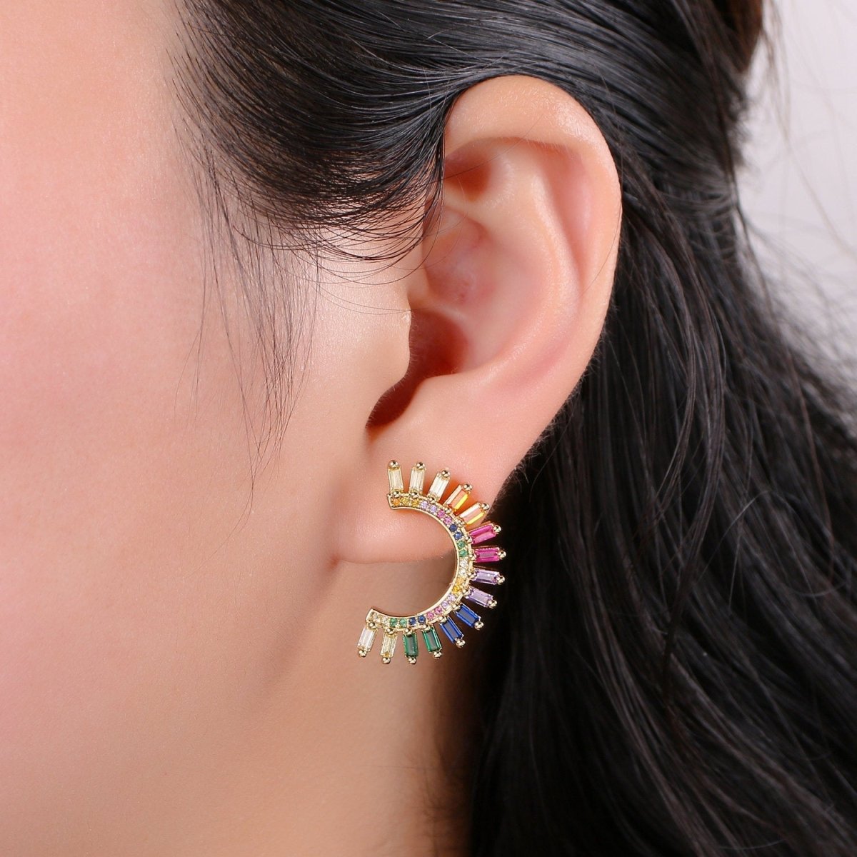 Super Cute Rainbow Studs • Moon Rainbow Earrings • Gold Multi Color Stone Earrings • Fan Studs • Kawaii Style Statement Earring Q-314 - DLUXCA
