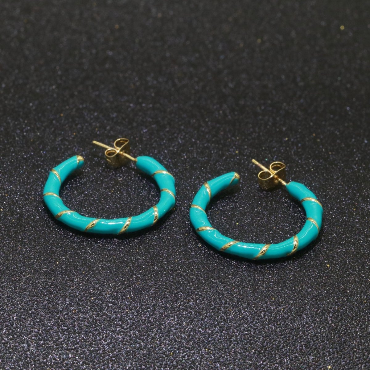 Teal Enamel Hoop Earring with Gold Swirl 26mm Hoop earring Jewelry Gift T-008 - DLUXCA