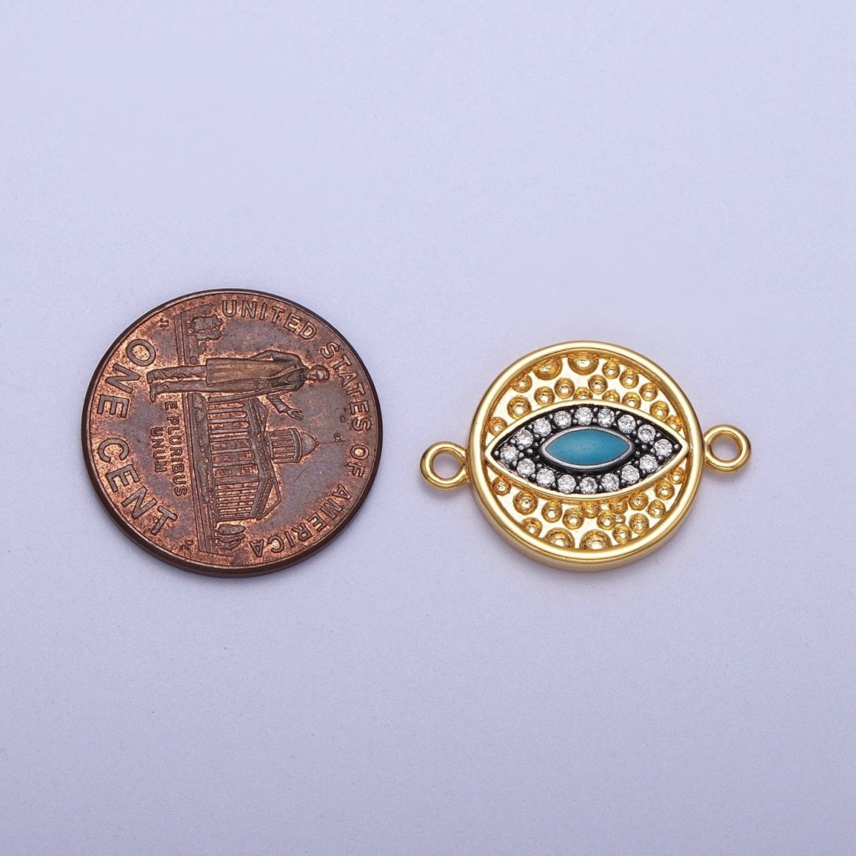 Teal Evil Eye Micro Paved Dotted Abstract Round Gold Connector | Y-647 - DLUXCA