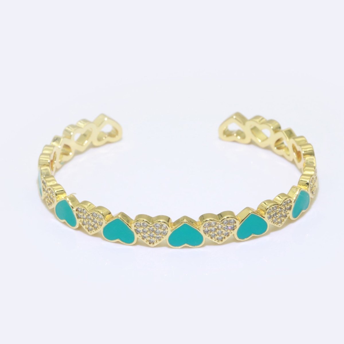 Teal Heart Enamel 14k Gold Filled Adjustable Bangle, Gold Cuff Bangle Bracelet Micro Pave Jewelry - DLUXCA
