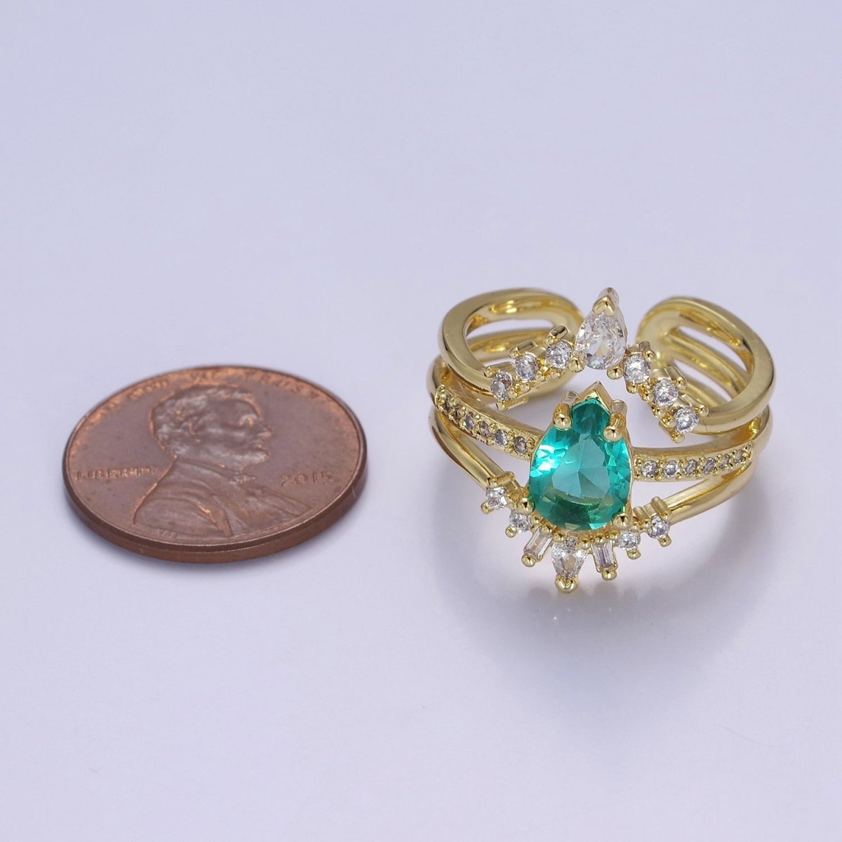 Teardrop Aqua CZ March Birthstone Micro Paved Triple Band Statement Gold Ring | O-2182 - DLUXCA