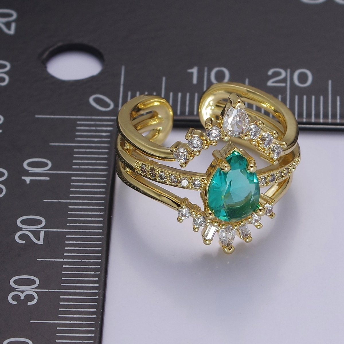 Teardrop Aqua CZ March Birthstone Micro Paved Triple Band Statement Gold Ring | O-2182 - DLUXCA