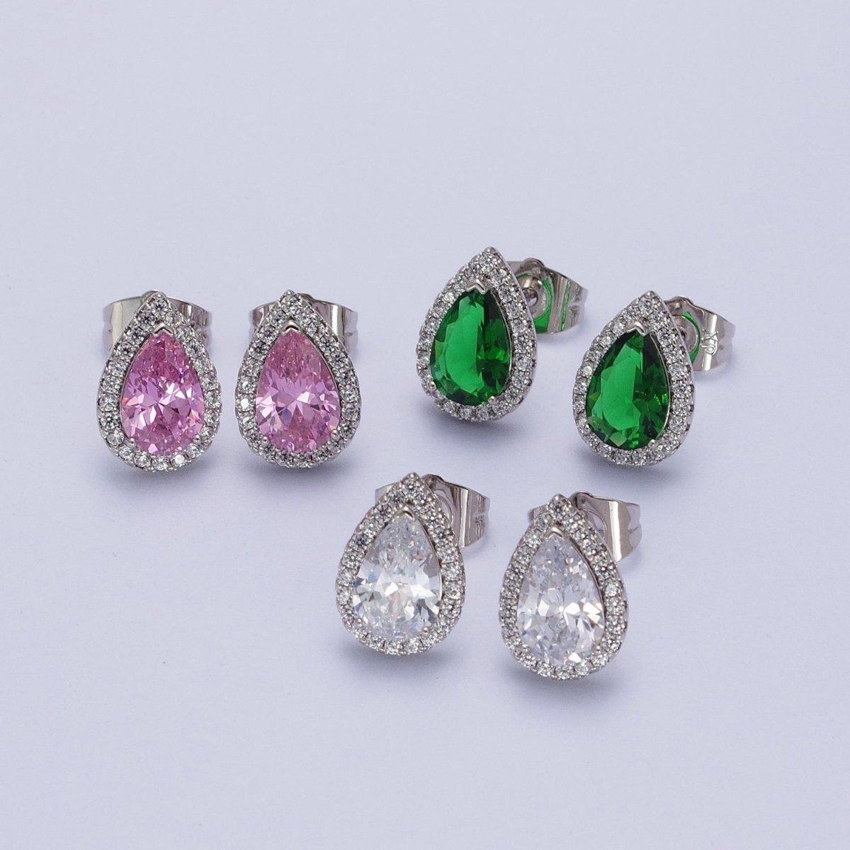 Teardrop Pave Earrings, Pave Halo Stud Earrings, Cubic Zirconia Stone Studs, Silver CZ Diamond Earrings Y-003 Y-004 - DLUXCA
