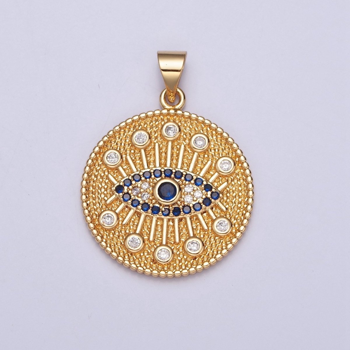 Textured Round Evil Eye Medallion, Protection Eye of Ra Cubic Zirconia CZ Pendant For Jewelry Making H-688 - DLUXCA