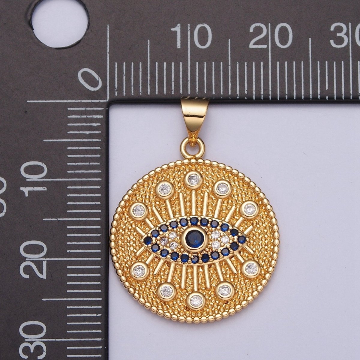 Textured Round Evil Eye Medallion, Protection Eye of Ra Cubic Zirconia CZ Pendant For Jewelry Making H-688 - DLUXCA