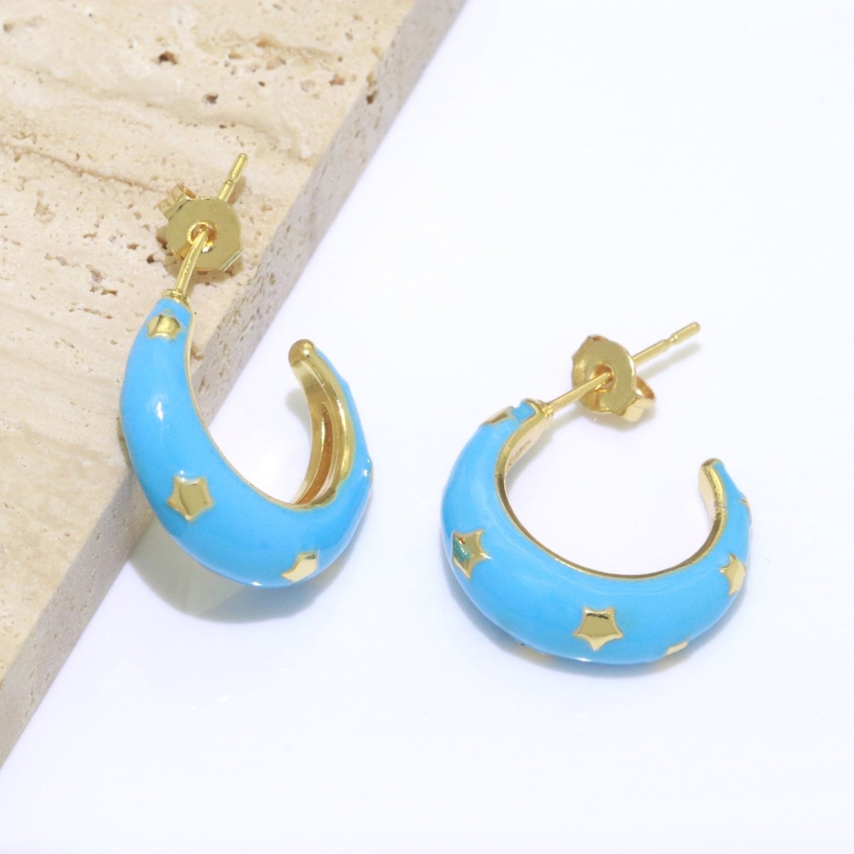 Thick Hoop Earrings Enamel Hoops Celestial Star Chunky Bold Hoop Everday Wear Earring Summer Trend Colorful Hoop Gold Jewelry T-062 ~ T-071 - DLUXCA