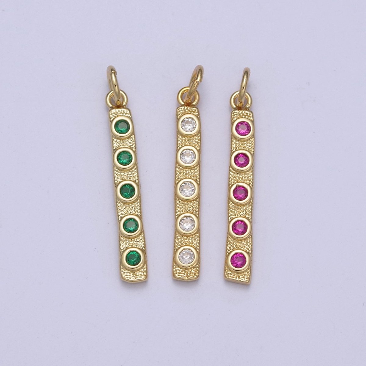 Thin Cubic Zirconia Stick Bar Cubic Zirconia Charms, Clear, Pink, Green CZ Bar Pendant, Gold Filled over Brass C-309 - DLUXCA
