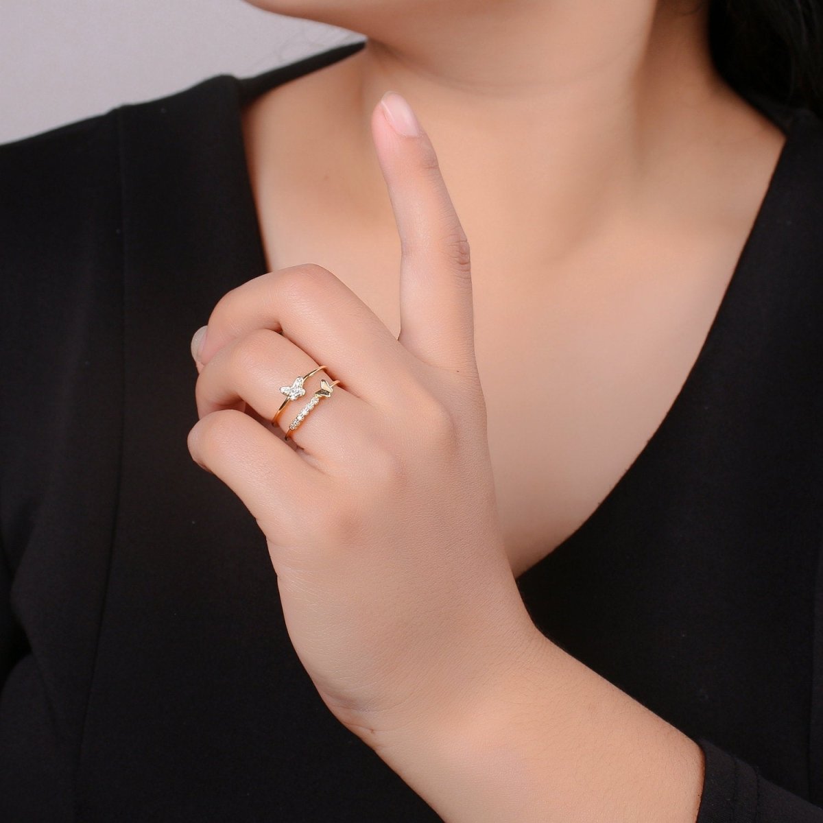Thin gold Vermeil double band ring - Dainty Butterfly Ring Stacking ring - wrap ring for Christmas Gift idea R-149 - DLUXCA