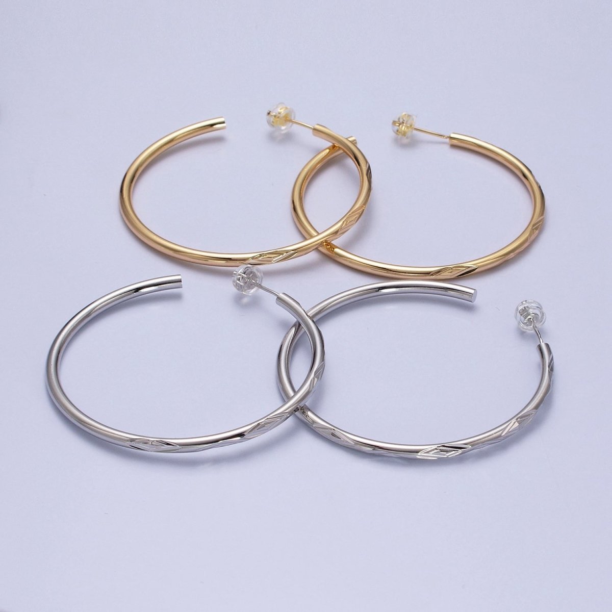 Thin Large Gold Tube Hoop Earring Silver Rhombus Textured Pattern Earring Minimalist Jewelry AB737 AB738 - DLUXCA