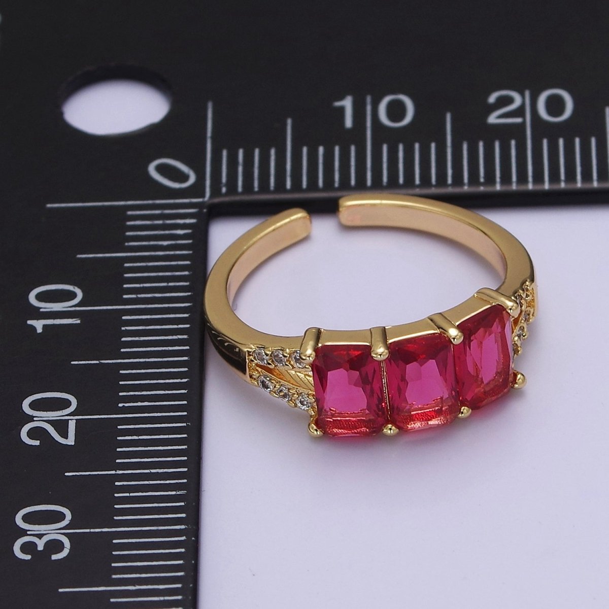 Three Pink Fuchsia Emerald Cut CZ Gold Band Open Adjustable Statement Jewelry O-2073 - DLUXCA