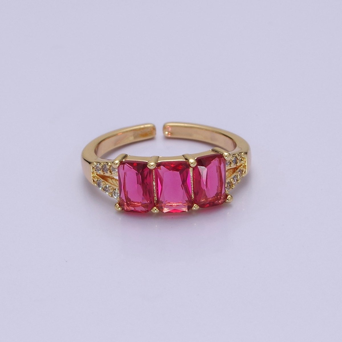Three Pink Fuchsia Emerald Cut CZ Gold Band Open Adjustable Statement Jewelry O-2073 - DLUXCA