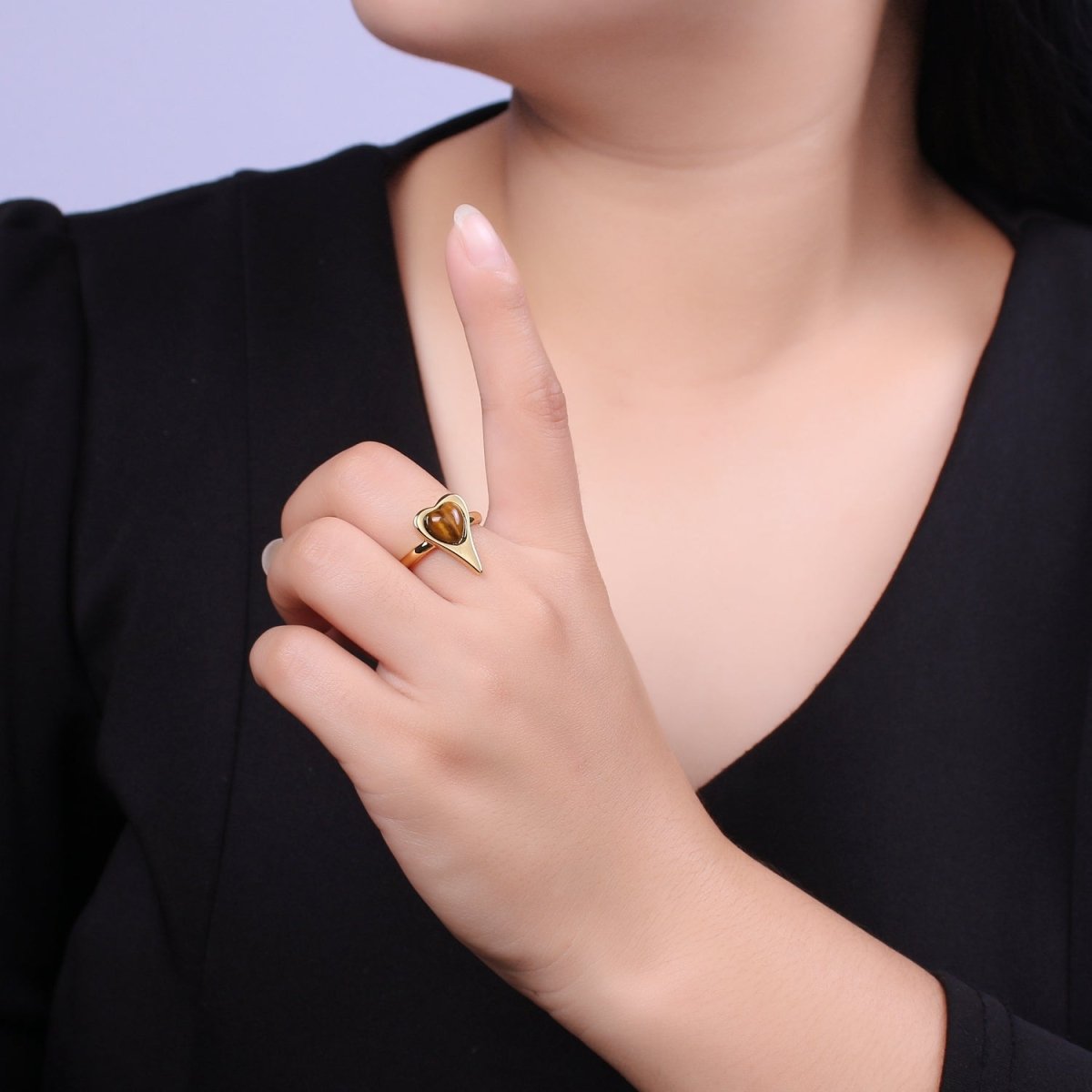 Tiger Eye Beads Heart Ring in 14k Gold Filled Open Adjustable Gemstone Ring U-235 - DLUXCA