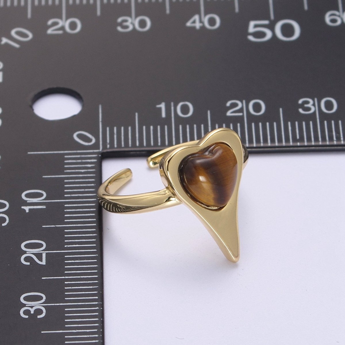 Tiger Eye Beads Heart Ring in 14k Gold Filled Open Adjustable Gemstone Ring U-235 - DLUXCA
