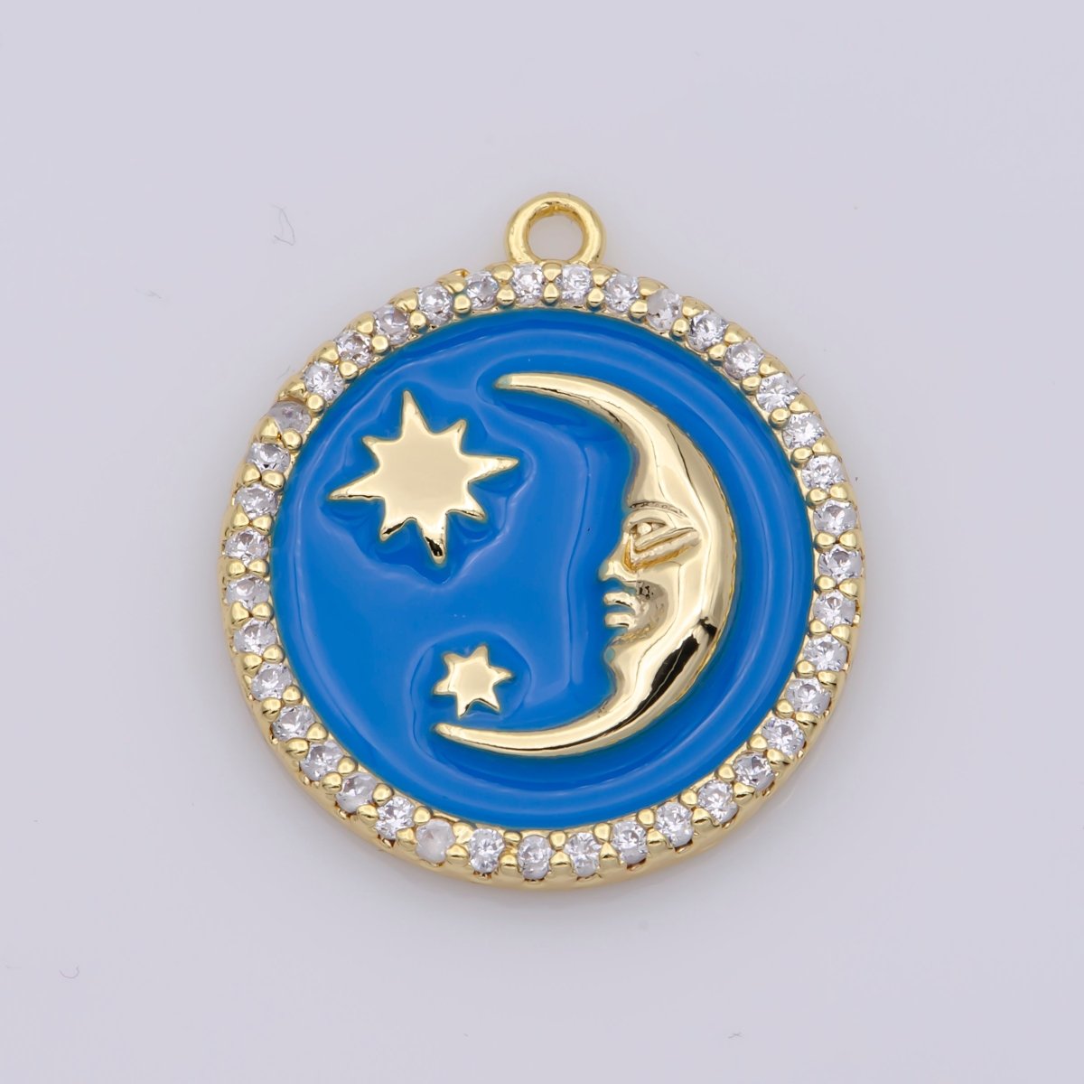 Tiny Celestial Charm White Blue Enamel Moon and Star Charms with Micro Pave Coin Base Moon Charms Jewelry Supplies M-906 - DLUXCA
