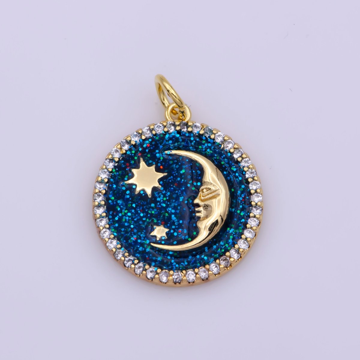 Tiny Celestial Charm White Blue Enamel Moon and Star Charms with Micro Pave Coin Base Moon Charms Jewelry Supplies M-906 - DLUXCA
