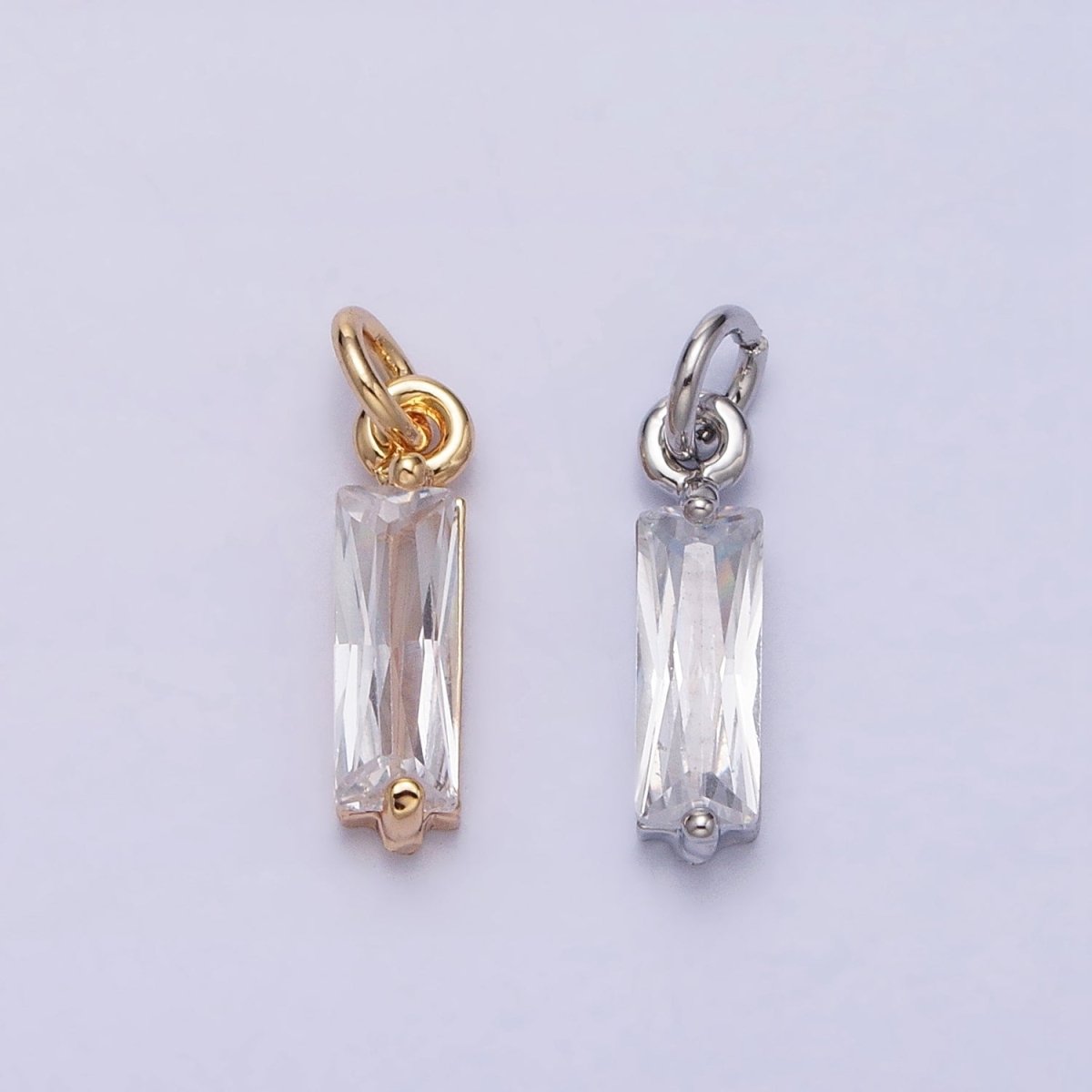 Tiny Clear Faceted Cubic Zirconia Charms Baguette Cut Crystal Pendants Small Rectangular Glass in Gold, Silver AC475 AC476 - DLUXCA