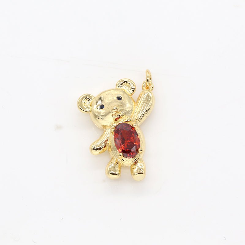 Tiny Cute Red Crystal Teddy Bear Charm CZ Animal Nature Doll Gold Plated Charm Pendant GP-236 - DLUXCA