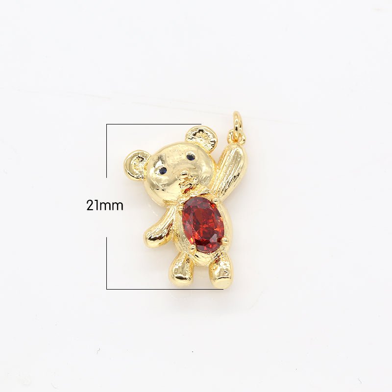 Tiny Cute Red Crystal Teddy Bear Charm CZ Animal Nature Doll Gold Plated Charm Pendant GP-236 - DLUXCA