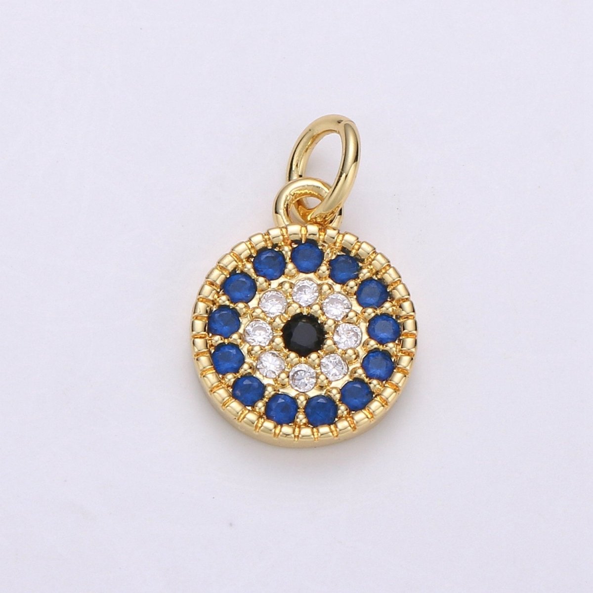Tiny CZ Blue Micro Pave Coin Charm, Round Disc Pave Charm, Gold Filled Micro Pave Dangle Charms for Necklace Bracelet Earring Supply E580 - DLUXCA