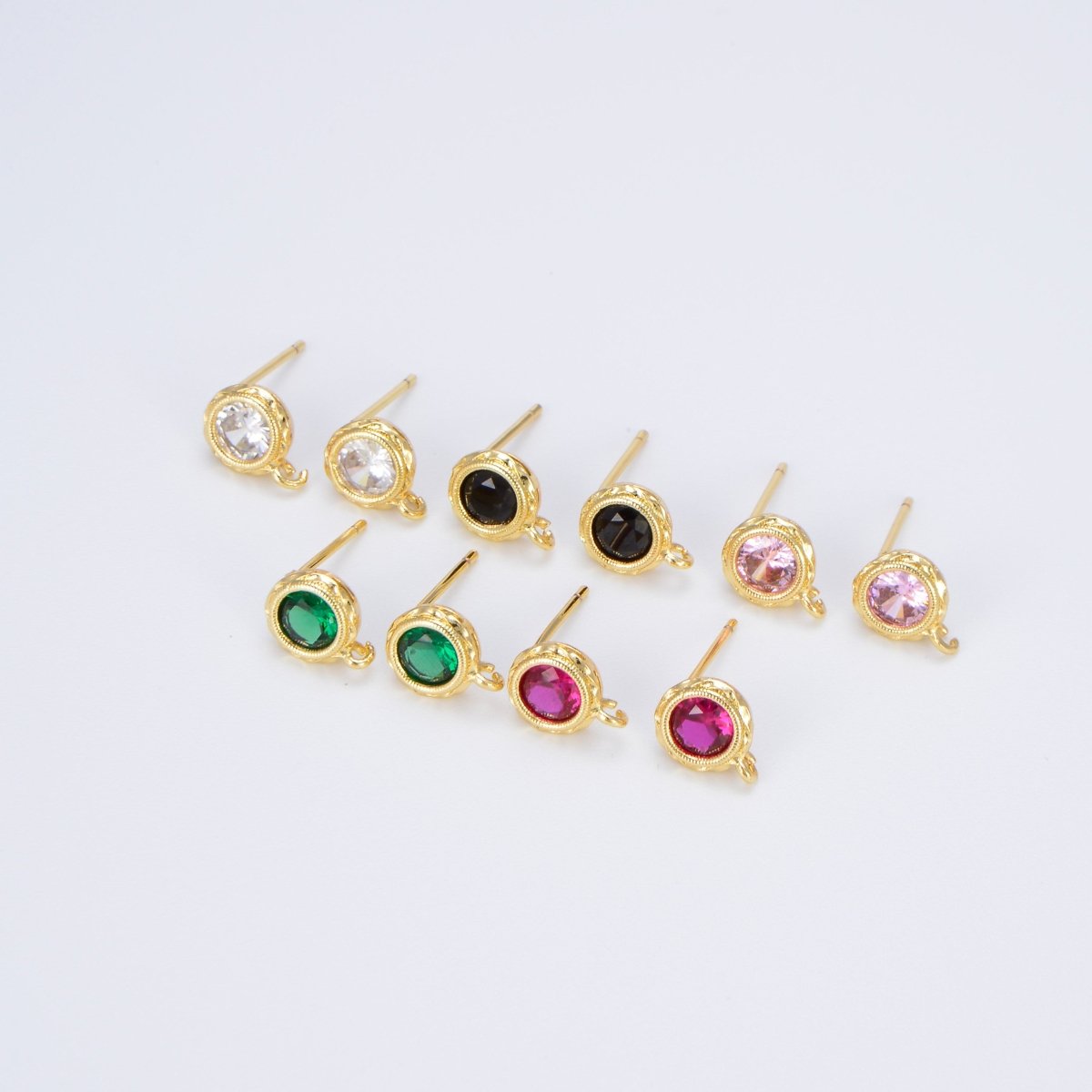 Tiny Cz Cubic Earring Post w/ open link, Nickel free, 15x7.6mm, 14K gold plated brass, CZ, Earring making post 1 pair L-268~L-274 L-323 - DLUXCA