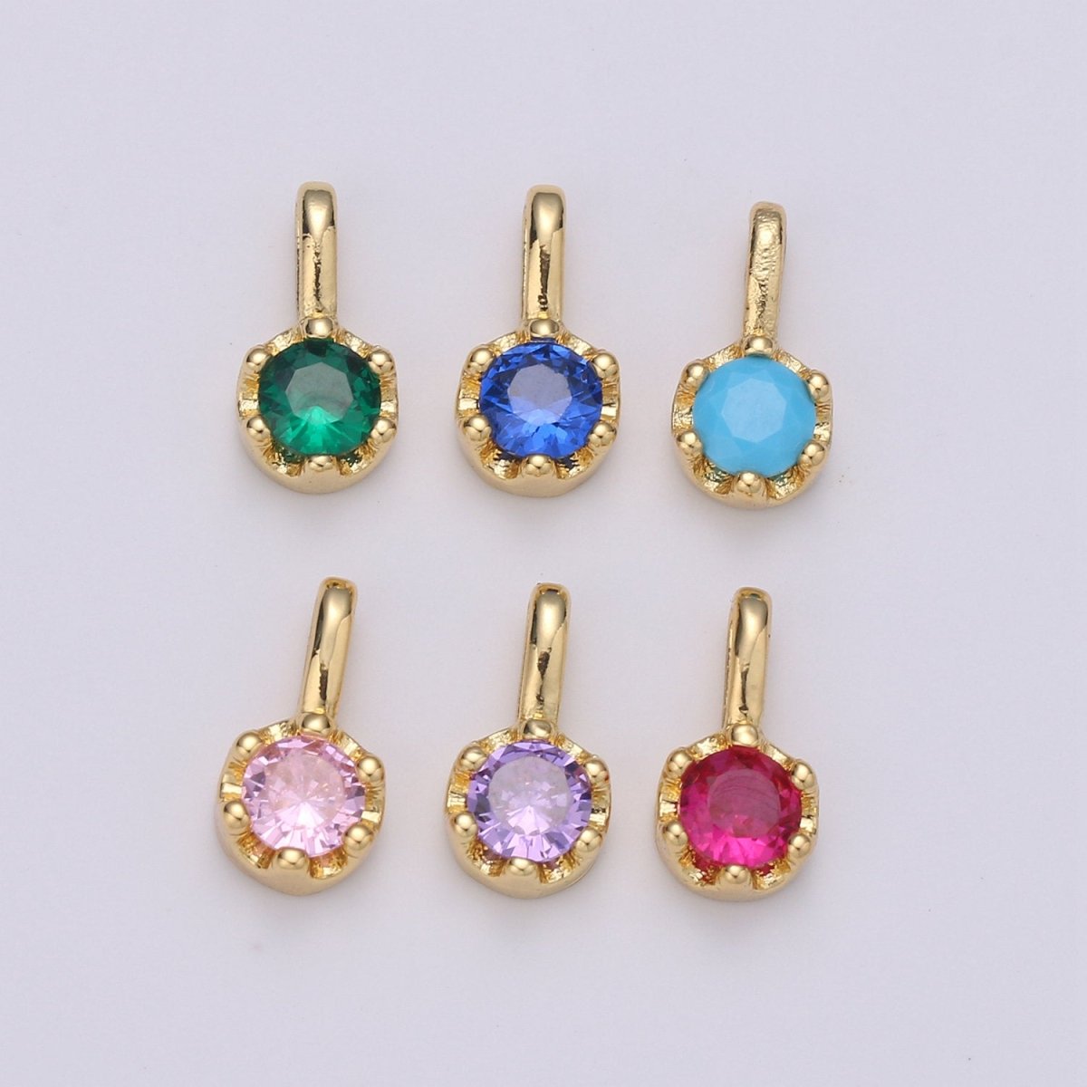 Tiny Dainty Round Gold Charm CZ Cubic Zirconia 10mm Charm Drop Round Small Color Full Cz Birthstone Add on Charm Dangle Charm D-599 to D-604 - DLUXCA