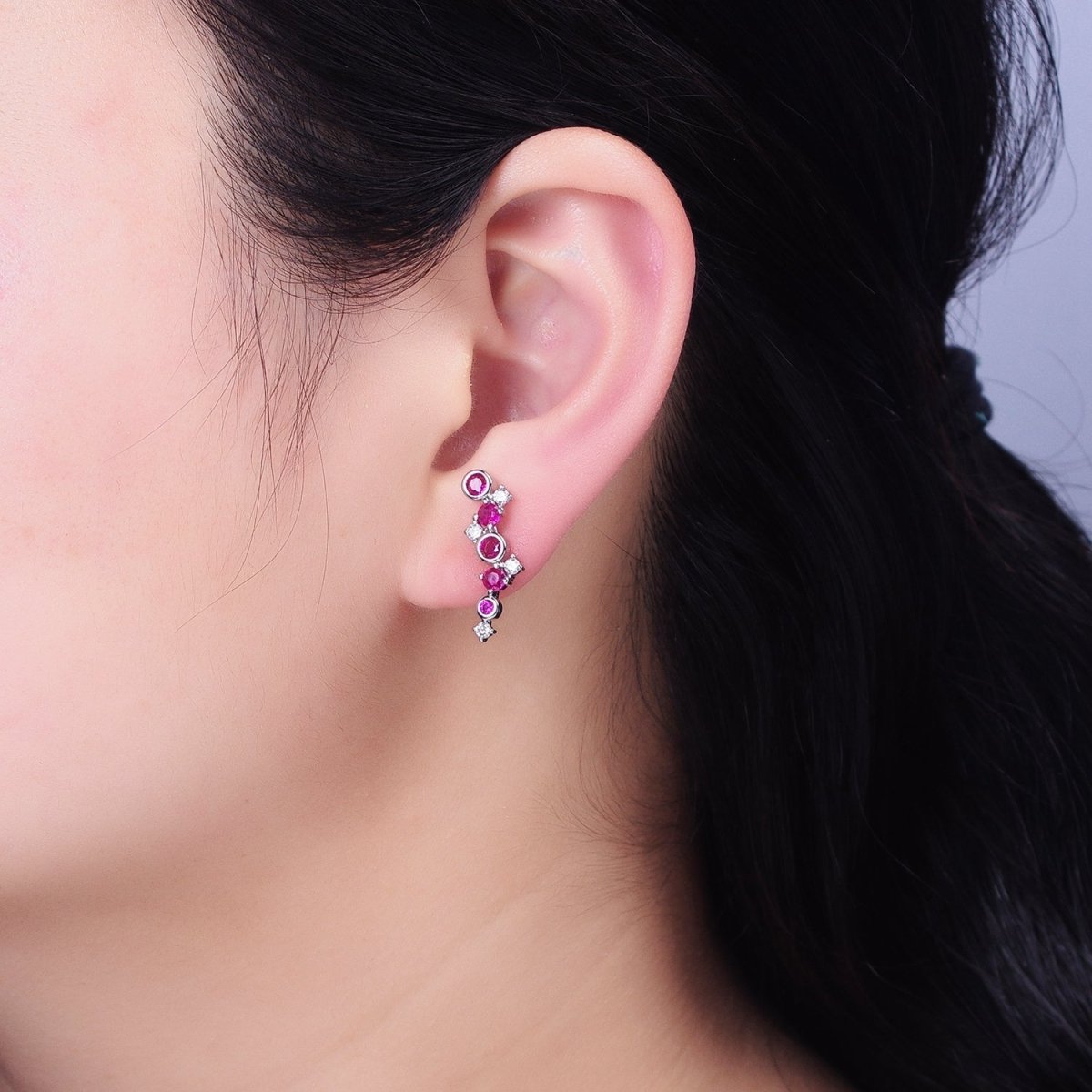 Tiny Fuchsia CZEarrings, Small Ear Climber Earrings AB606 AB607 - DLUXCA