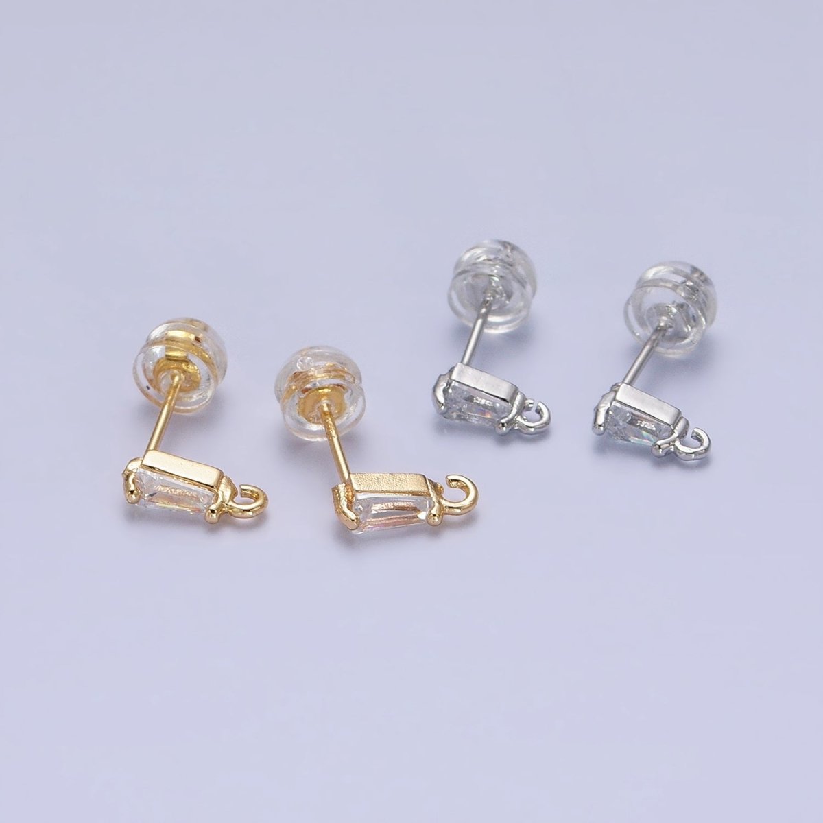 Tiny Gold CZ Baguette Setting Earring Post Rectangular Bar Stud Earrings with Open Link for Earring Component Z-176 Z-177 - DLUXCA