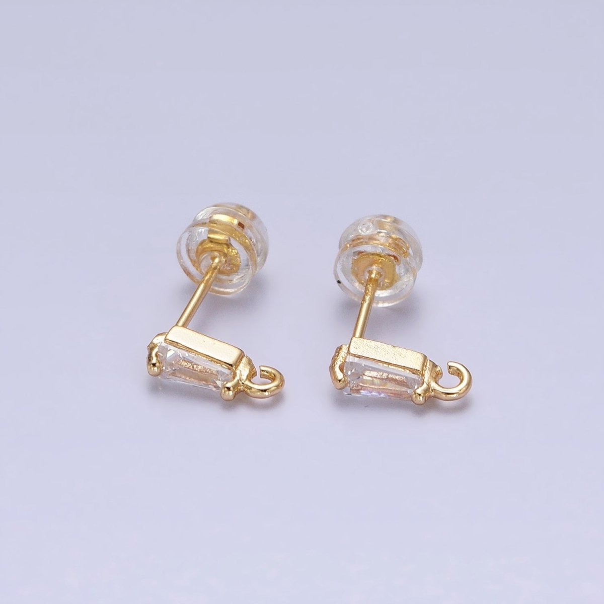 Tiny Gold CZ Baguette Setting Earring Post Rectangular Bar Stud Earrings with Open Link for Earring Component Z-176 Z-177 - DLUXCA