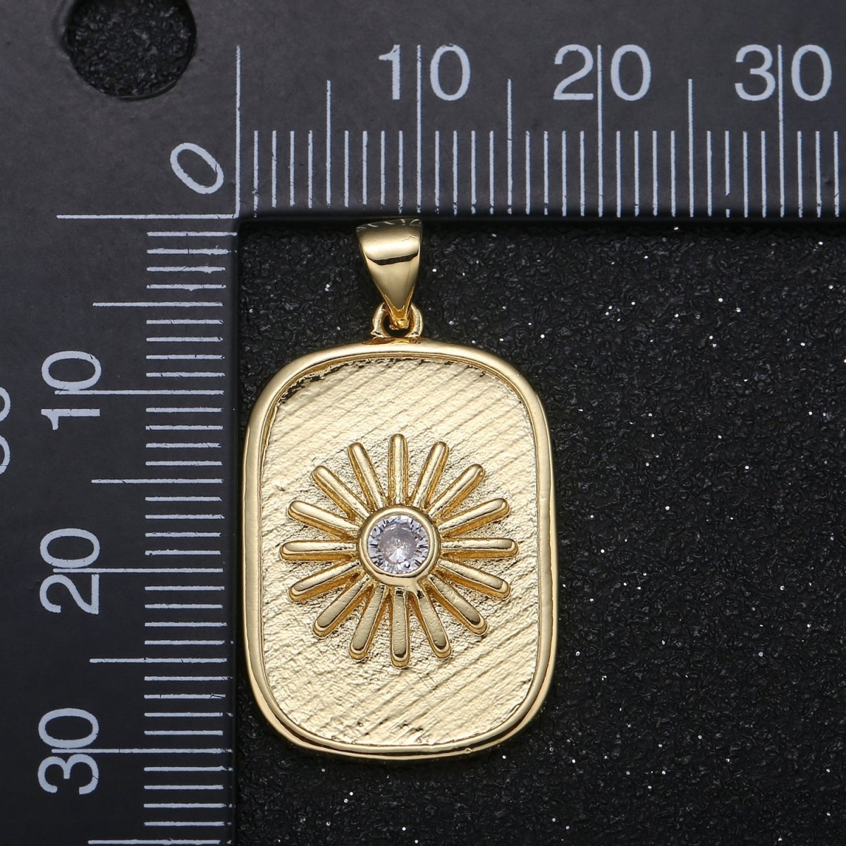 Tiny Gold Daisy Flower Sunshine Square Coin Charm CZ Floral Sunrays Nature Gold Plated Geometric Rectangle Tag Charm Pendant GP-068 - DLUXCA